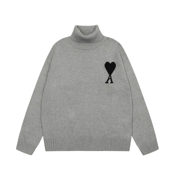 Ami Sweaters - Ami Gray Turtleneck Sweater with Black Heart Logo